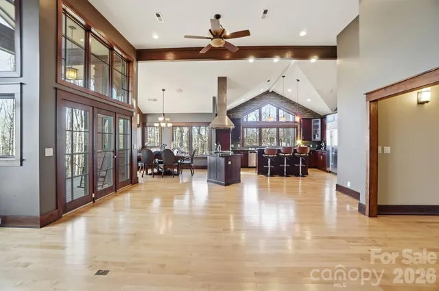 a view of a lobby with furniture and a chandelier