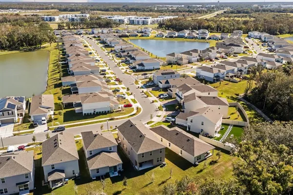 an aerial view of residential houses with outdoor space