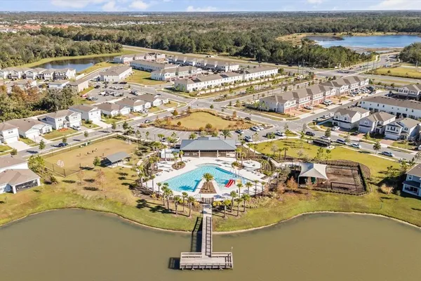 an aerial view of a house with a outdoor space