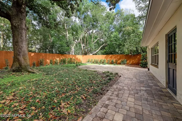 a view of a backyard with large trees