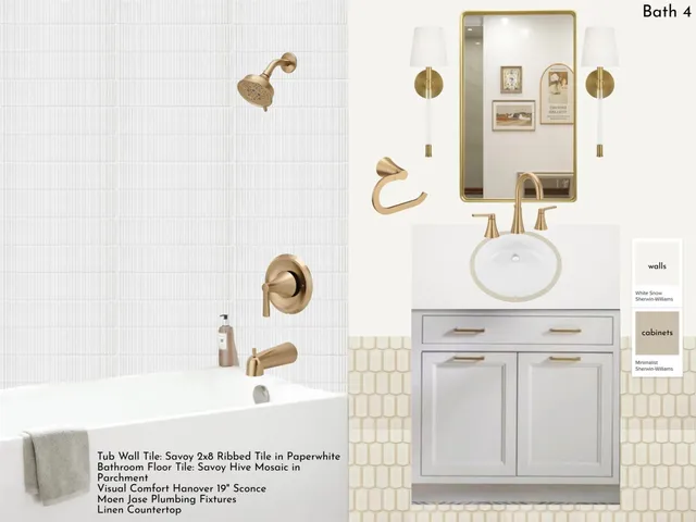 a bathroom with a tub sink and mirror