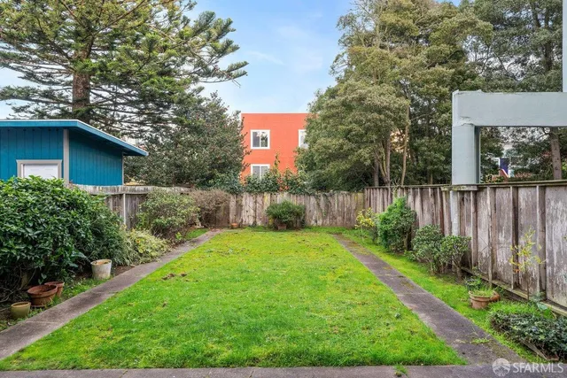 a view of a backyard with potted plants and a large tree