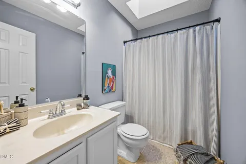 a bathroom with a sink a toilet and shower curtain