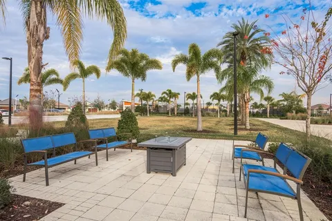 an outdoor space with furniture