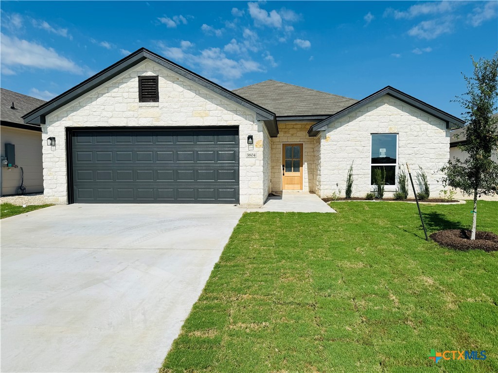 a front view of house with yard and green space