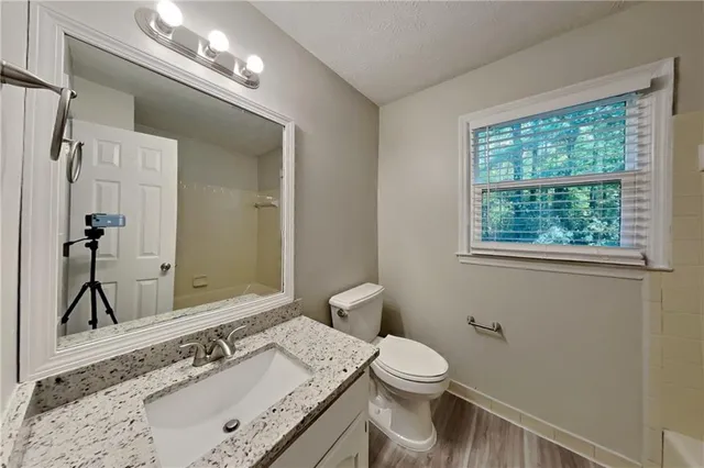 a bathroom with a granite countertop sink a toilet and a mirror