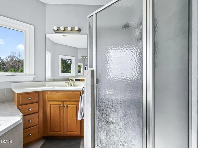 a bathroom with a granite countertop sink a mirror and a shower