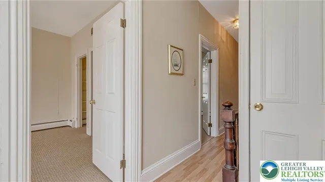 a view of a hallway with wooden floor and closet