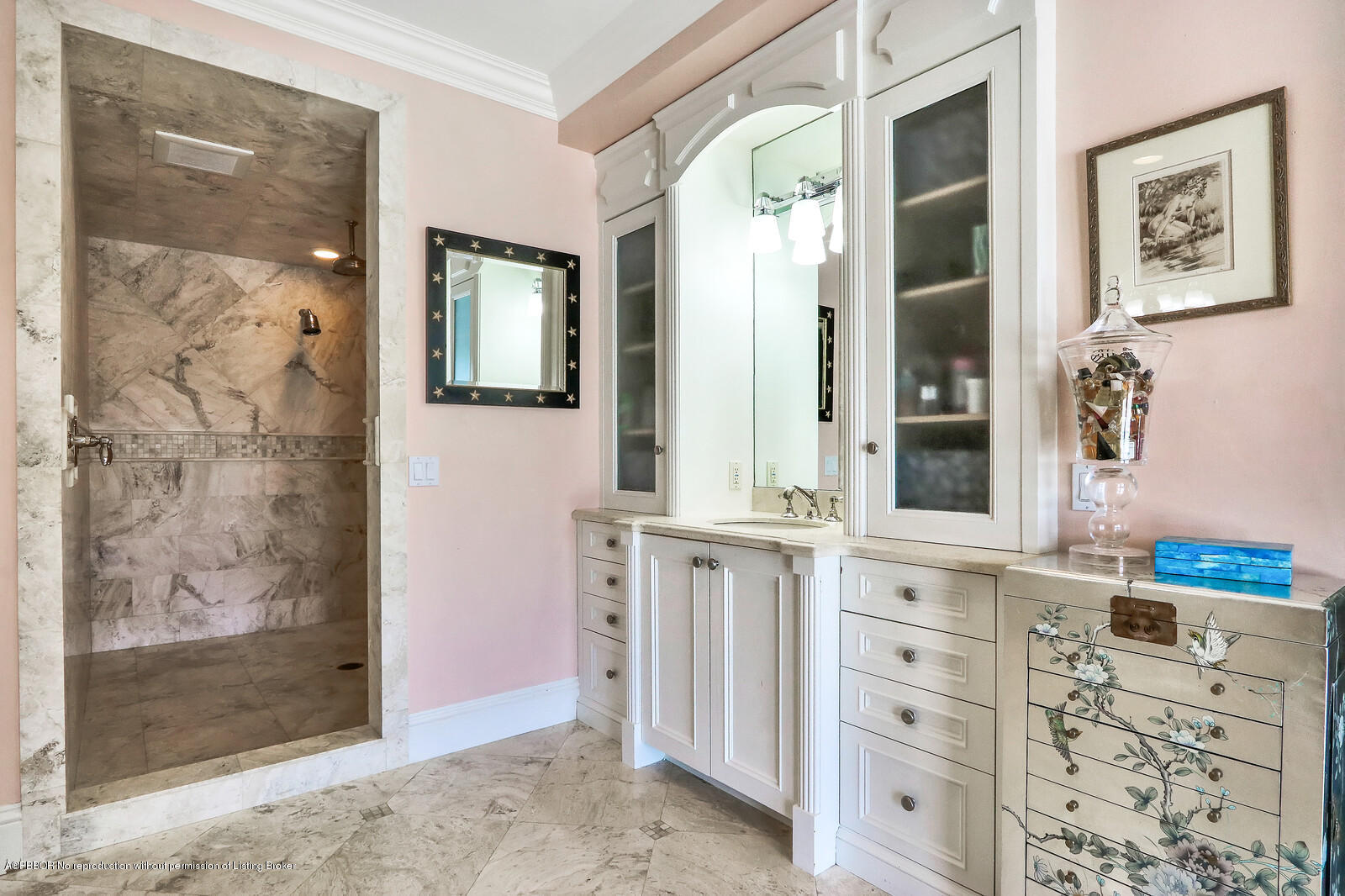95 Spoonbill Road Manalapan, FL 33462 - Photo 20 of 32 a bathroom with a granite countertop sink a mirror a shower and vanity
