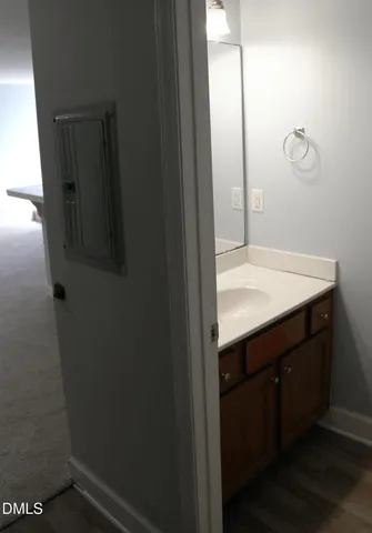 a bathroom with a sink vanity and a mirror