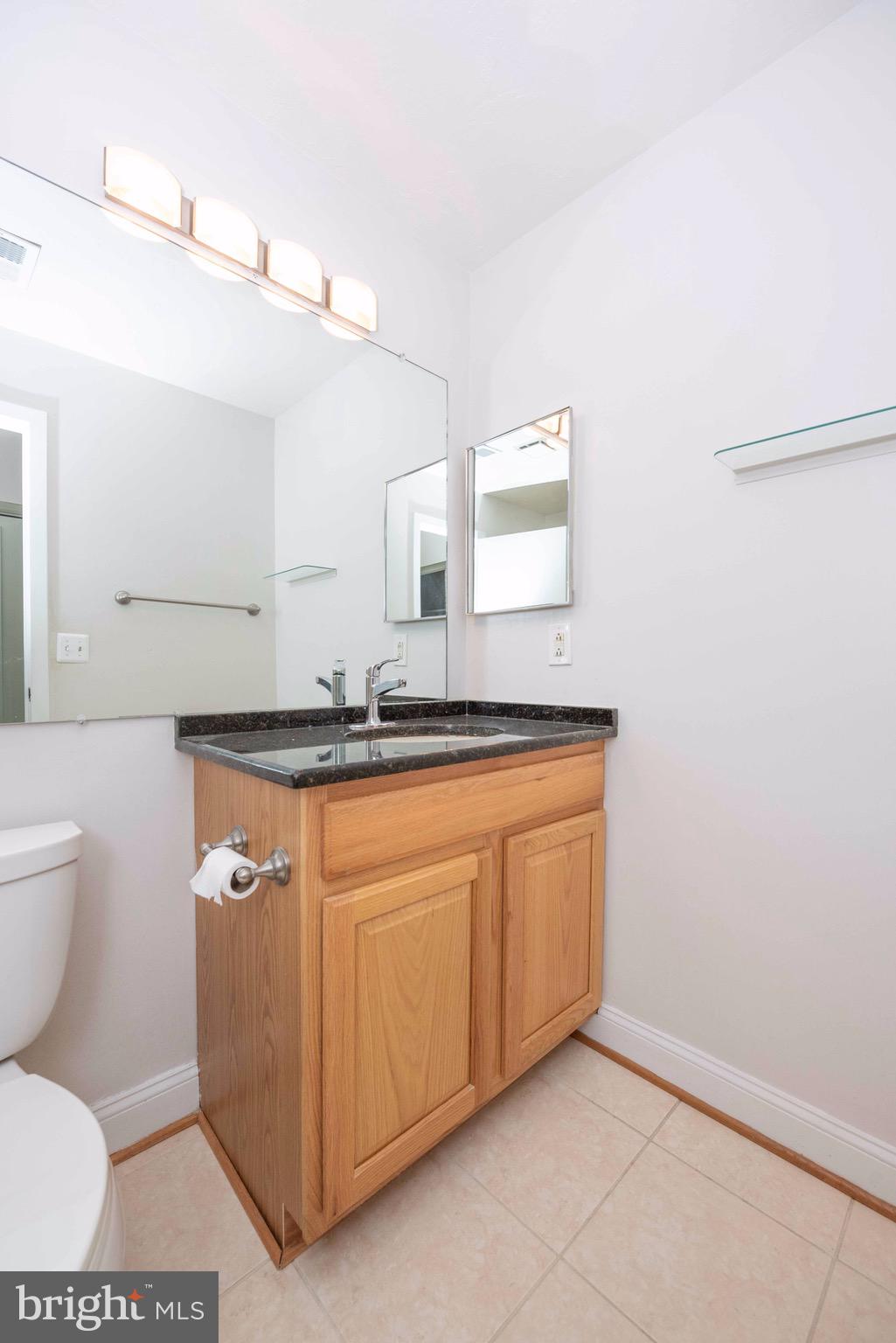 11708 Summerchase Circle, Unit 1708E Reston, VA 20194 - Photo 13 of 17 a bathroom with a granite countertop sink a mirror and a toilet