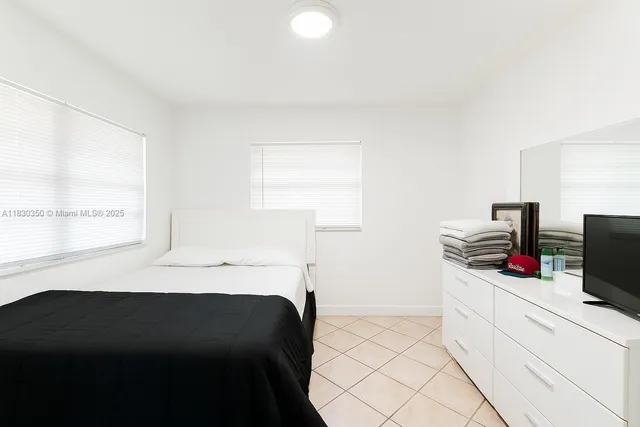 a bedroom with a bed and a flat tv screen on the dresser