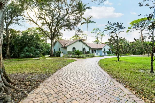 a view of a garden with a fountain
