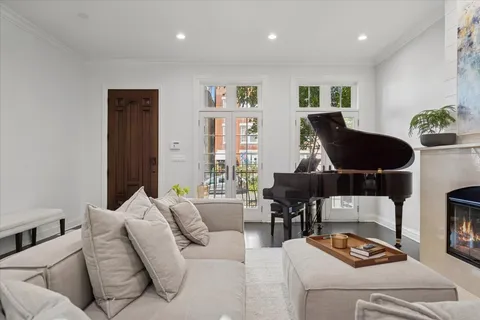 a living room with a fireplace