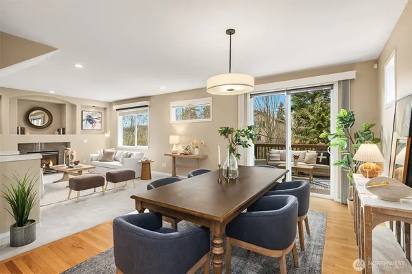 a view of a dining room with furniture window and outside view