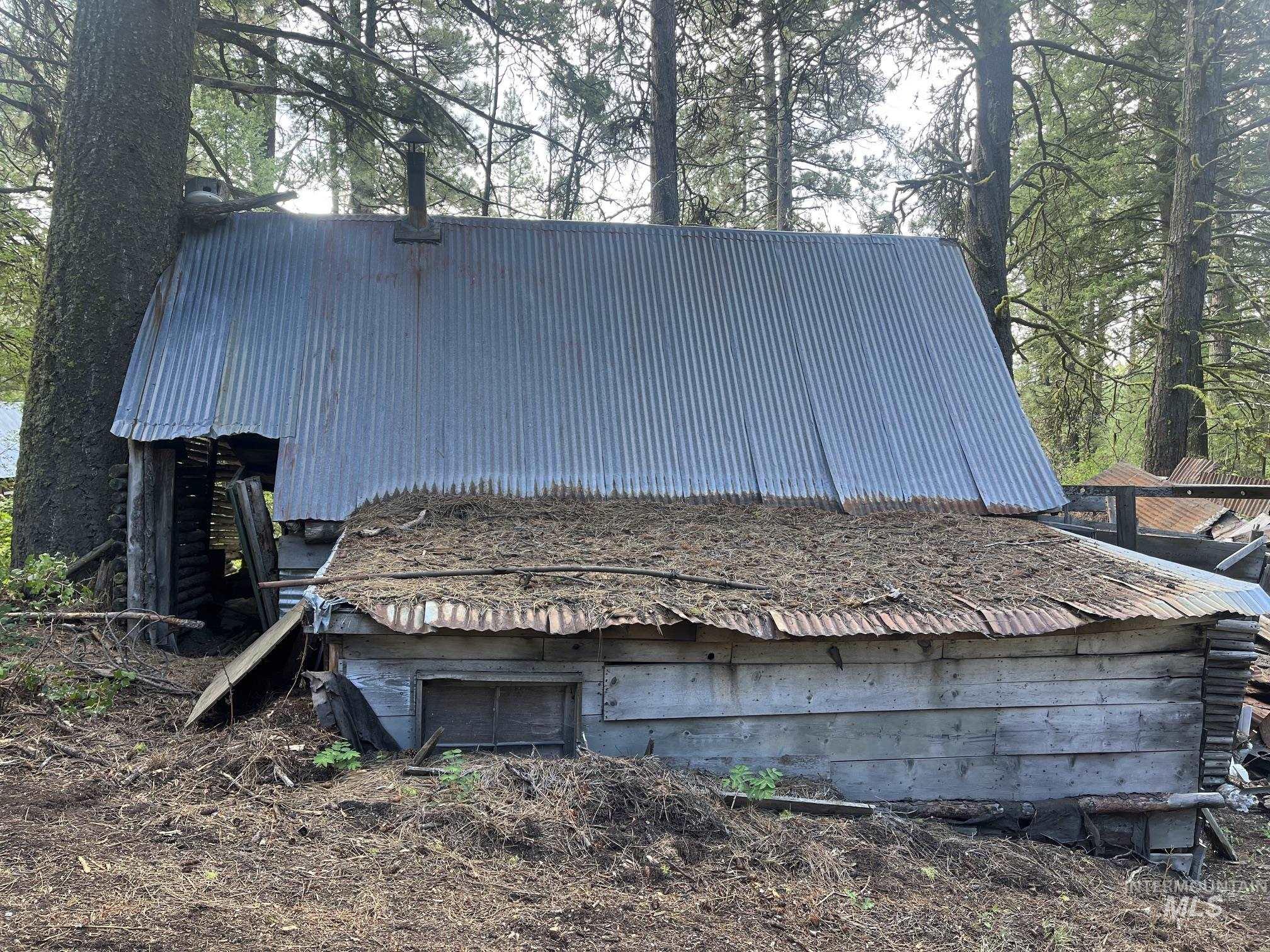 39 Mayflower Mine Road Placerville, ID 83666 - Photo 36 of 36 Corrugated metal roofing and siding on a rustic structure, surrounded by mature trees