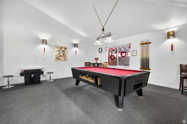 407 South Vasels Road, Unit 24 Brian Head, UT 84719 - Photo 34 of 63 Recreation room featuring dark colored carpet, pool table, and lofted ceiling