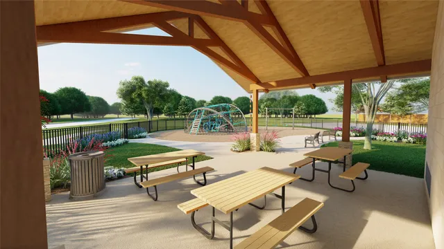 a swimming pool with outdoor seating and outdoor shower