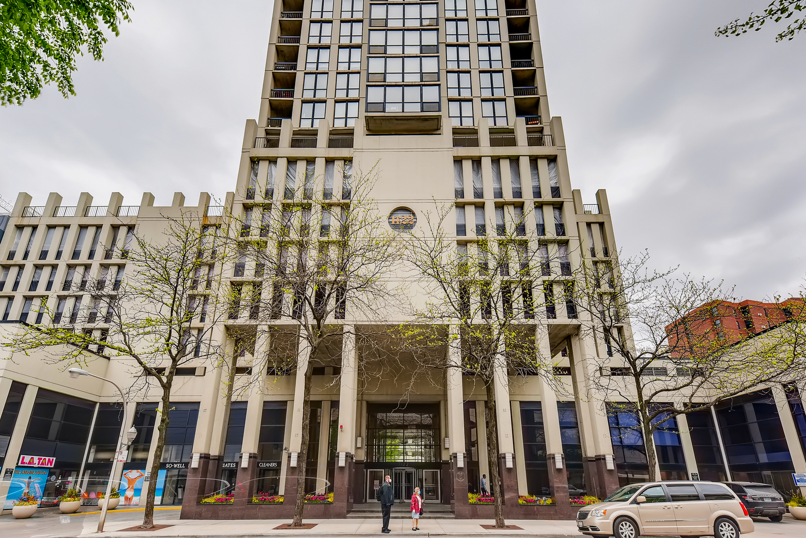 front view of a building with a street