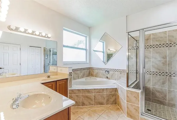 a bathroom with a tub sink and mirror