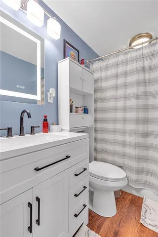 a bathroom with a sink toilet vanity and shower