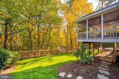 a view of a yard in front of a house with plants and large tree