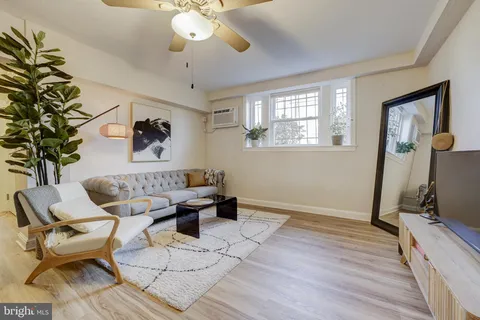 a living room with couches painting on the wall and a potted plant