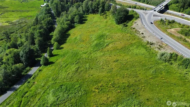 a view of a lush green forest with a building in the back