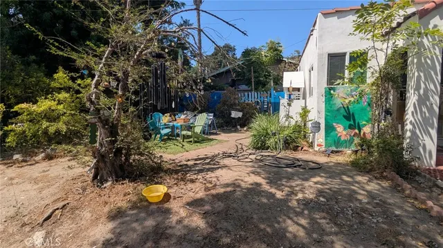 a view of a backyard with plants and a tree