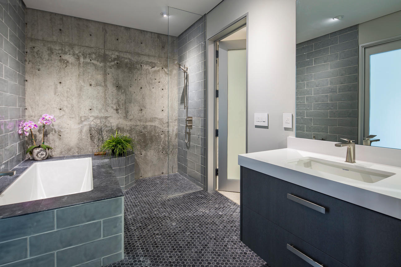 376 Las Alturas Road Santa Barbara, CA 93103 - Photo 25 of 36 a bathroom with a granite countertop sink a mirror and a shower