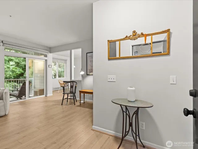 a view of a balcony with chair