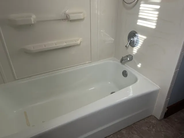 a bathroom with a bathtub
