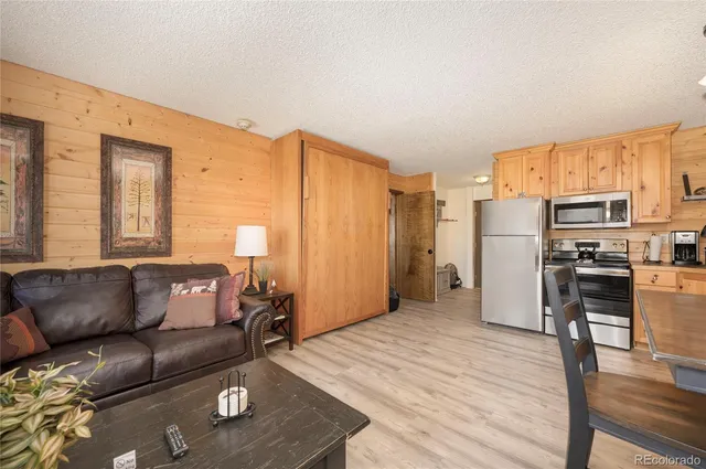 a living room with stainless steel appliances furniture and a kitchen view