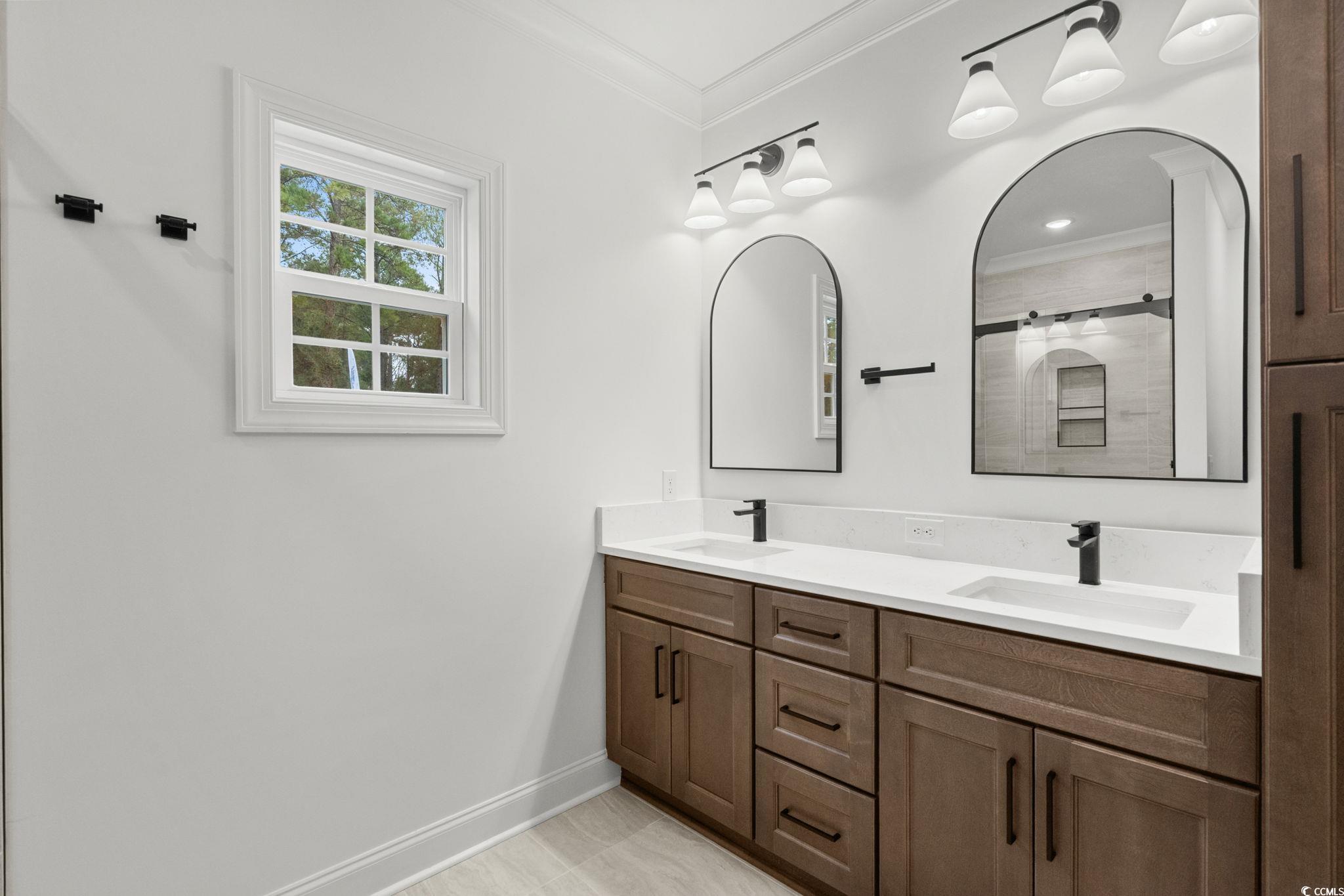 164 Arbor Ridge Circle Conway, SC 29526 - Photo 23 of 38 Bathroom with double vanity, ornamental molding, and a shower