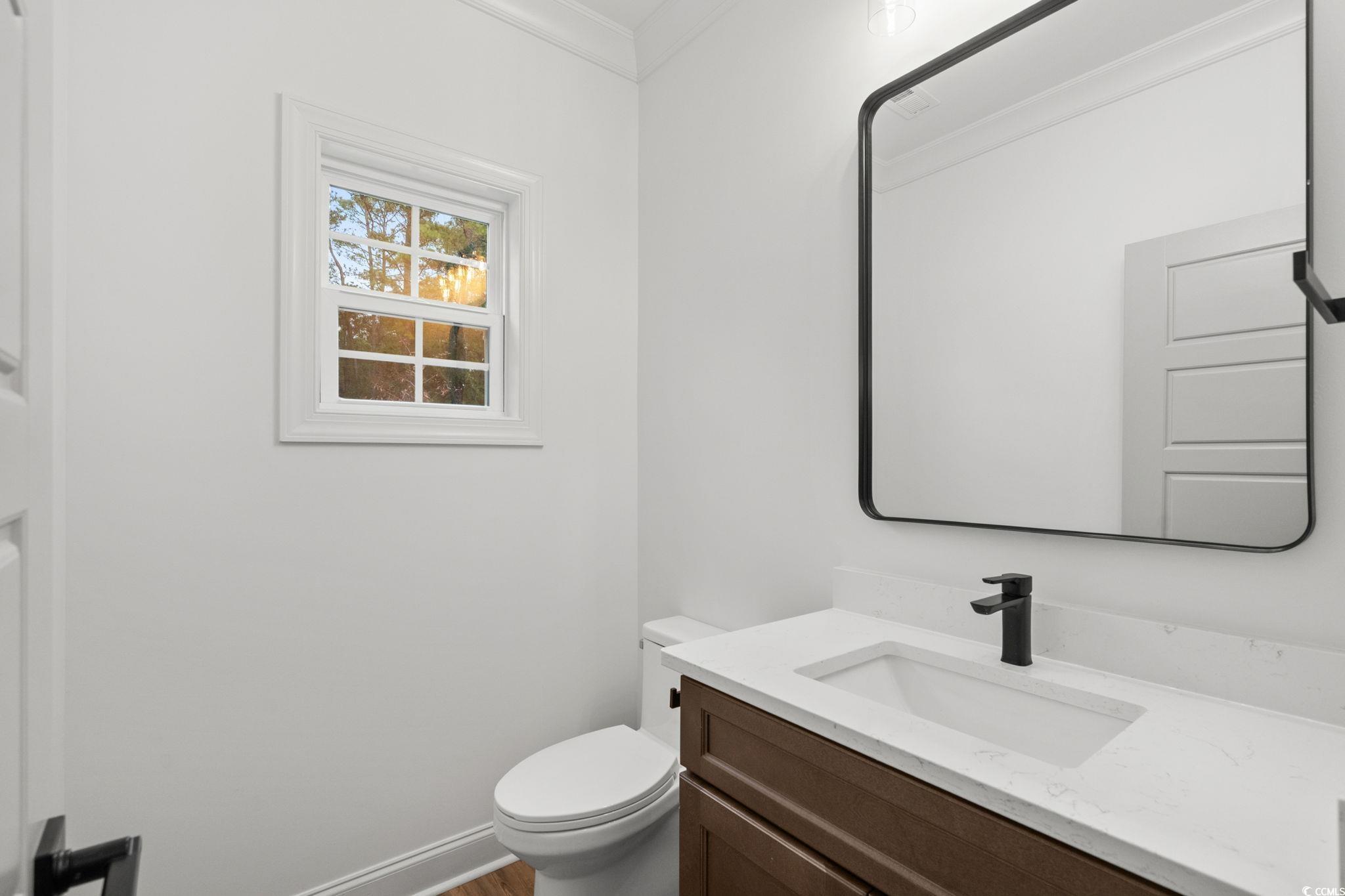 164 Arbor Ridge Circle Conway, SC 29526 - Photo 36 of 38 Half bathroom featuring vanity, ornamental molding, and wood finished floors