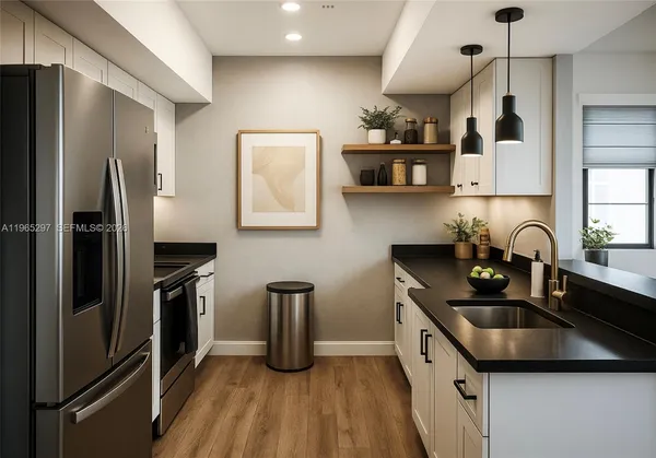 a kitchen with a sink stainless steel appliances and cabinets