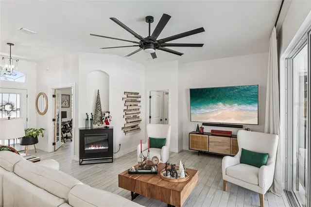 a living room with furniture fireplace and flat screen tv