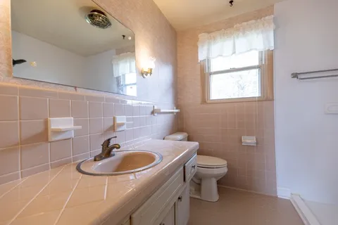 a bathroom with a sink toilet and a mirror