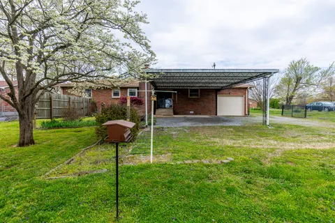 a view of a house with a backyard and a tree