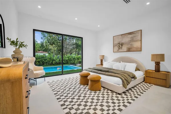 a bedroom with a bed and a large window