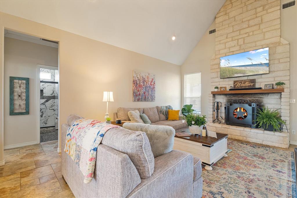 2885 Enloe Road Howe, TX 75459 - Photo 17 of 39 a living room with furniture a fireplace and a flat screen tv