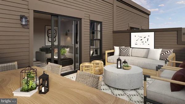 a building outdoor space with patio furniture