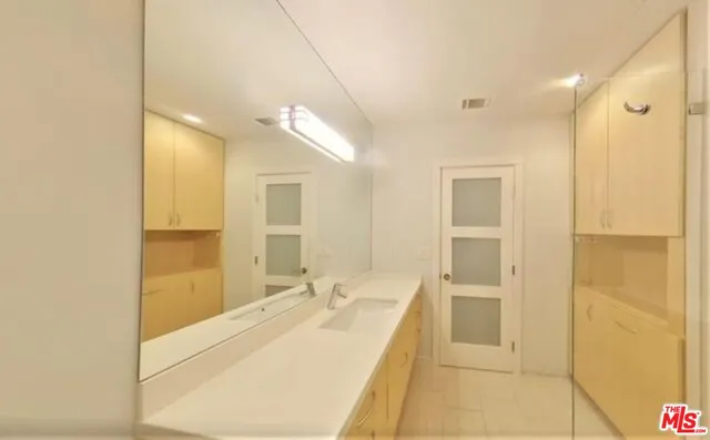 a bathroom with a sink a shower and a mirror