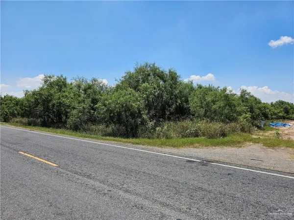 a view of a field with trees in background
