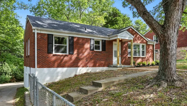 a view of a house with a small yard and large tree