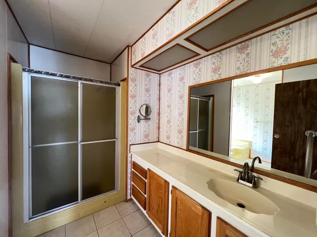 a bathroom with a sink and a mirror