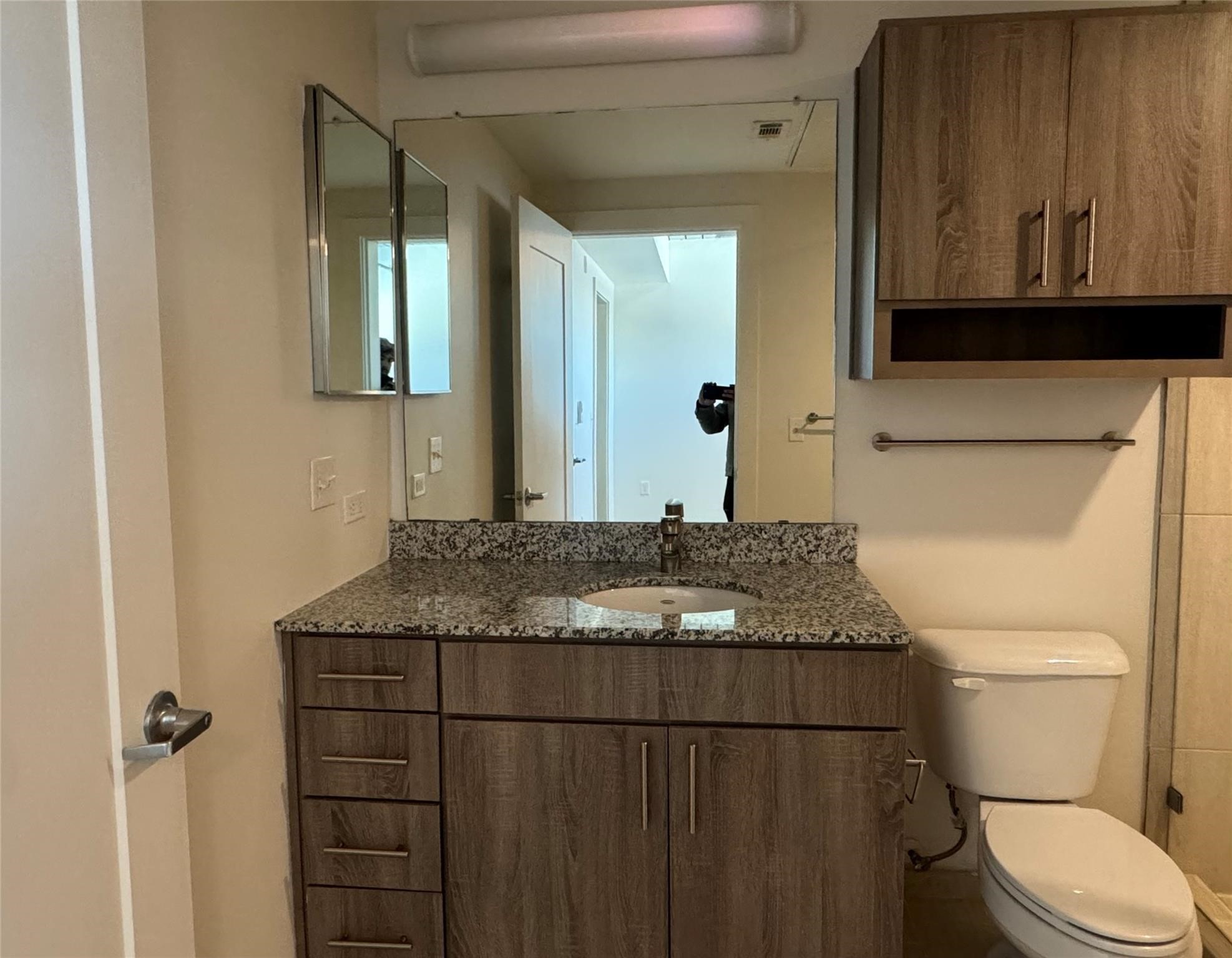 3550 Main Street, Unit 4416 Houston, TX 77002 - Photo 8 of 45 a bathroom with a granite countertop sink and a toilet