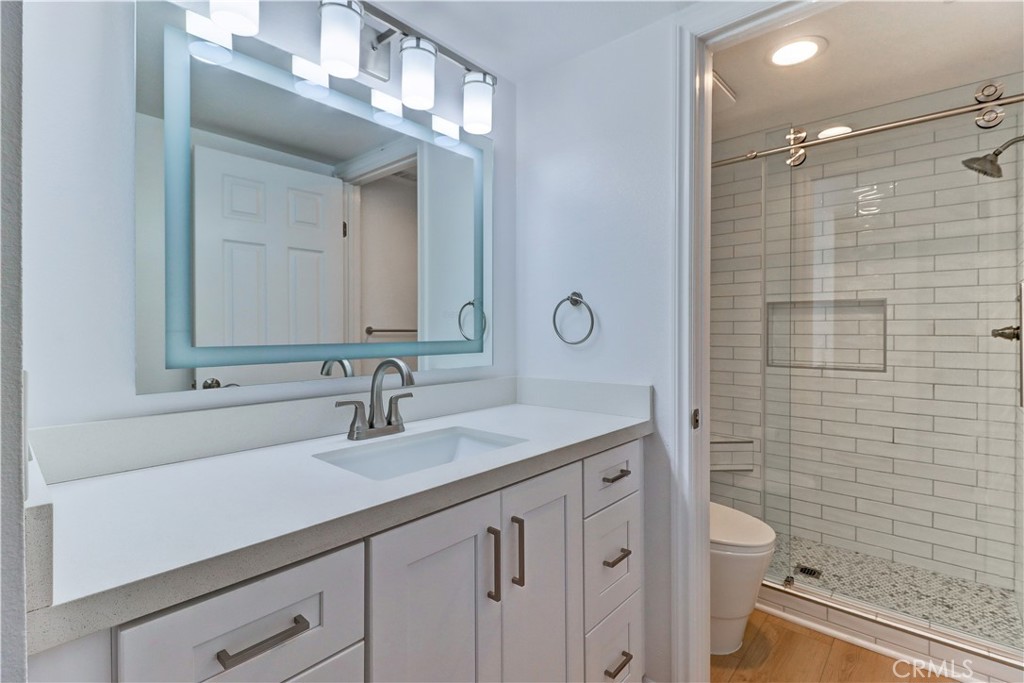 34026 Selva Road, Unit 65 Dana Point, CA 92629 - Photo 11 of 21 a bathroom with a granite countertop sink a toilet and a mirror