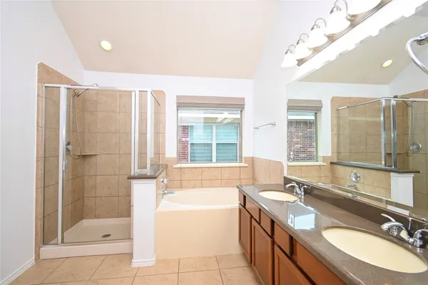 a bathroom with a granite countertop tub sink a shower and mirror