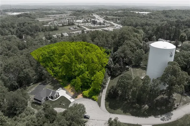 an aerial view of a house with a yard and trees